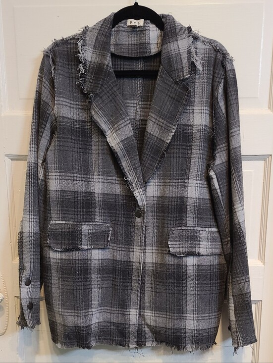 POL Jackets & Blazers - POL Gray Plaid Frayed Hem Blazer Jacket